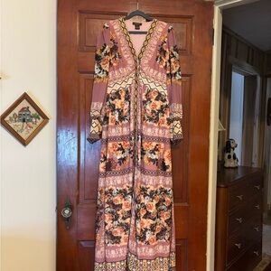 Vineet Bahl Embroidered Floral v Neck Pink Maxi Dress with Boho Print